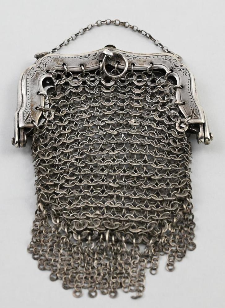 Zilveren beursbeugel Biedermeier met maliën tasje uit 1876, Antiek en Kunst, Antiek | Goud en Zilver, Zilver, Verzenden