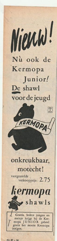 retro reclame 1949 Kermopa shawl voor kinderen speldje beschikbaar voor biedingen