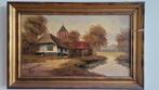 Schilderij Witte boerderij waarachter een kerkje SCH18, Antiek en Kunst, Kunst | Schilderijen | Klassiek, Ophalen of Verzenden