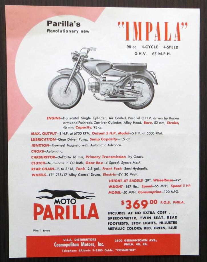 Originele folder Parilla Impala 98 cc - 1960 (USA), Motoren, Handleidingen en Instructieboekjes, Overige merken, Verzenden