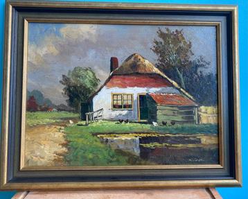 Olieverfschilderijtje van boerderijtje in landschap beschikbaar voor biedingen
