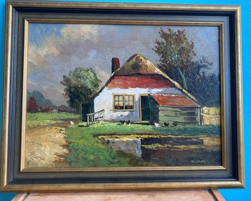 Olieverfschilderijtje van boerderijtje in landschap, Antiek en Kunst, Kunst | Schilderijen | Klassiek, Ophalen of Verzenden