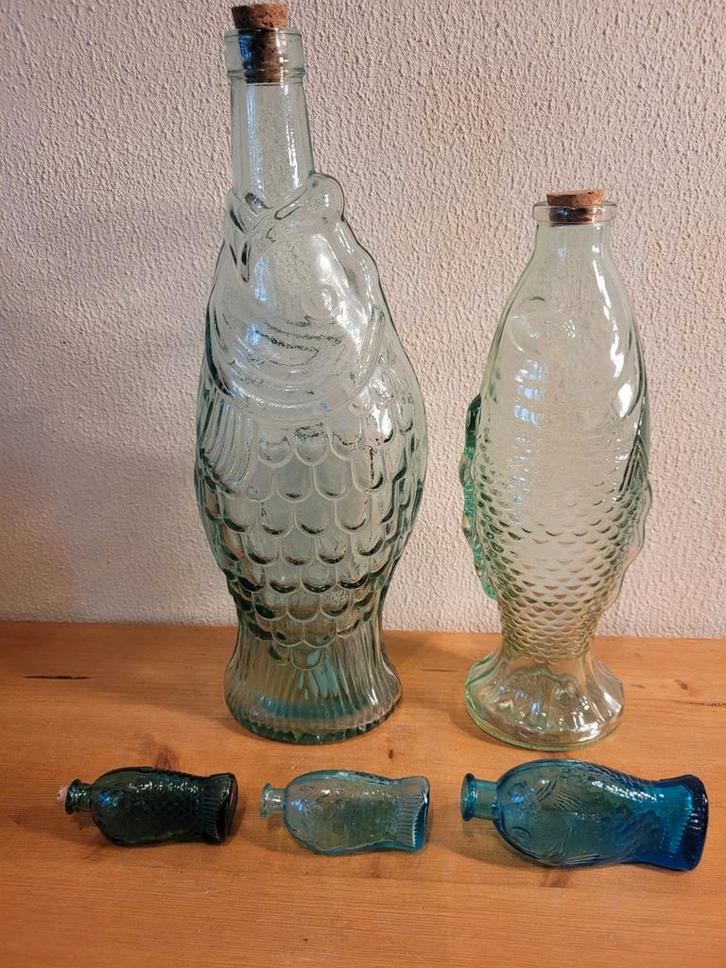 4 Vintage Vis Karaffen / Flessen karaf fles vissen visje, Huis en Inrichting, Woonaccessoires | Vazen, Zo goed als nieuw, Groen
