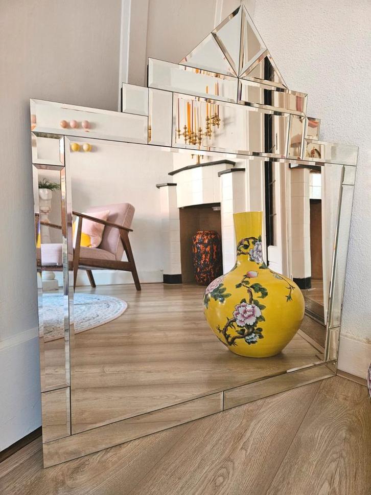 Vintage 70s grote facetgeslepen kristal spiegel, Huis en Inrichting, Woonaccessoires | Spiegels, Gebruikt, 75 tot 100 cm, Minder dan 100 cm