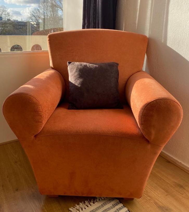 Mooi fauteuil met terracotta velour bekleding, Huis en Inrichting, Fauteuils, Gebruikt, Stof, 75 tot 100 cm, Minder dan 75 cm