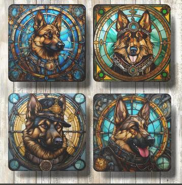 Duitse Herder Steampunk Glas in Lood onderzetters met houder beschikbaar voor biedingen