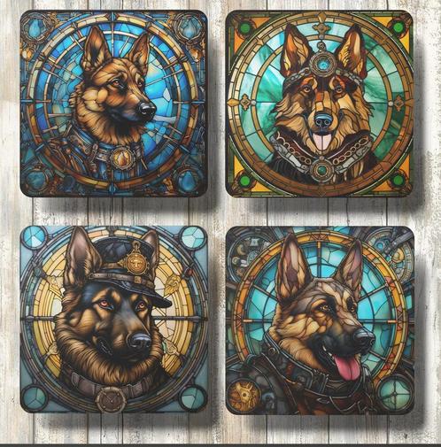 Duitse Herder Steampunk Glas in Lood onderzetters met houder, Huis en Inrichting, Woonaccessoires | Onderzetters, Nieuw, Glas of Kopje
