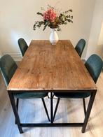 Eettafel vierkant 4 stoelen hout groen staal velvet zwart, 100 tot 150 cm, Zo goed als nieuw, Vier personen, Rechthoekig