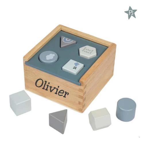 Label Label blauwe houten vormenstoof met naam / datum, Kinderen en Baby's, Kraamcadeaus en Geboorteborden, Nieuw, Kraamcadeau