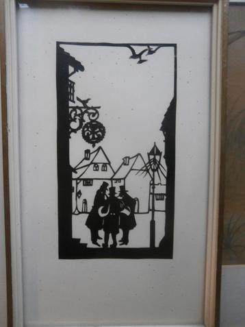 KNIPKUNST, Leuk schilderijtje silhouetten 3 Mannen beschikbaar voor biedingen