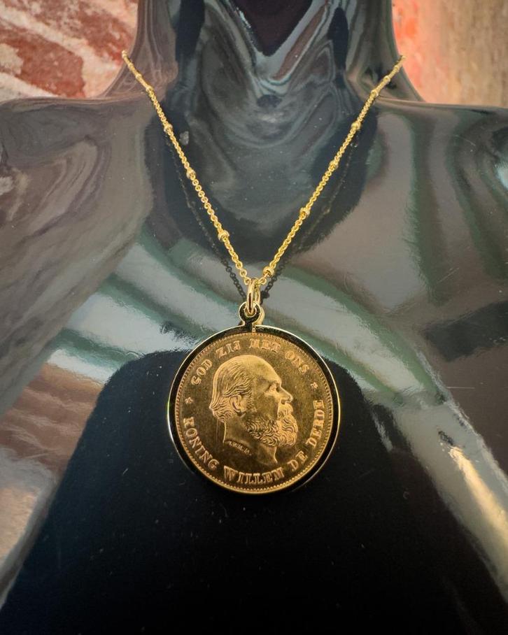22k Gouden Tientje munt met 14k gouden bamboeketting-hanger, Postzegels en Munten, Munten | Nederland, Losse munt, 10 gulden, Koning Willem III