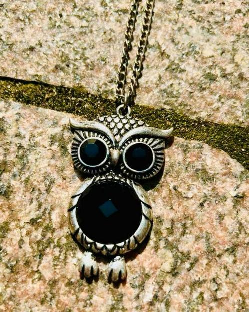 Lange ketting met hanger van een uil , zwart  steen, Sieraden, Tassen en Uiterlijk, Kettingen, Nieuw, Overige materialen, Overige kleuren