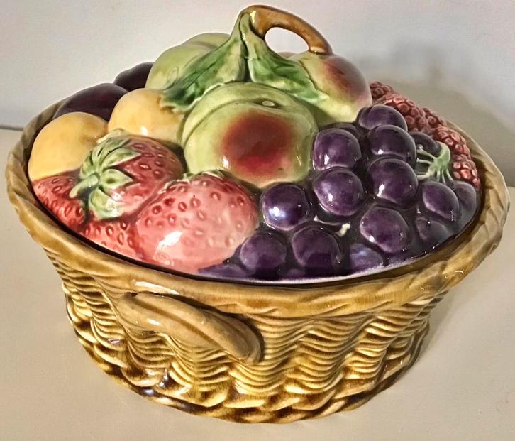 PRACHTIGE MAJOLICA SARREGUEMINES FRUITMAND (BAK MET DEKSEL), Antiek en Kunst, Antiek | Keramiek en Aardewerk, Ophalen of Verzenden