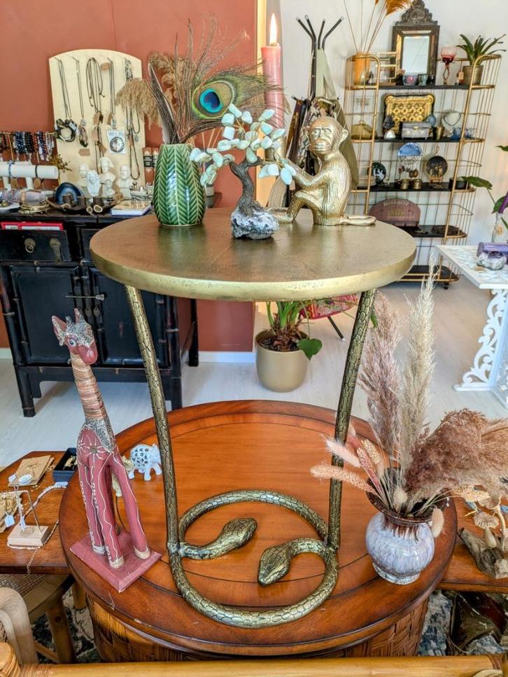 Gouden Metalen Slangen Tafel, Huis en Inrichting, Tafels | Bijzettafels, Zo goed als nieuw, Rond, 45 tot 60 cm, Minder dan 55 cm