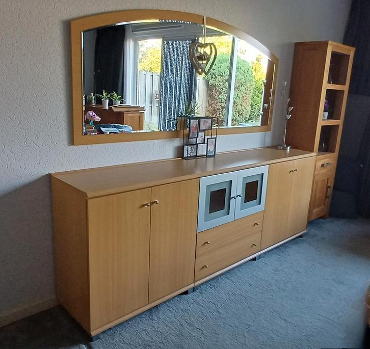 Eiken Dressoir met Spiegel & Verlichting, bijpassende tafels, Huis en Inrichting, Kasten | Dressoirs, Gebruikt, 150 tot 200 cm