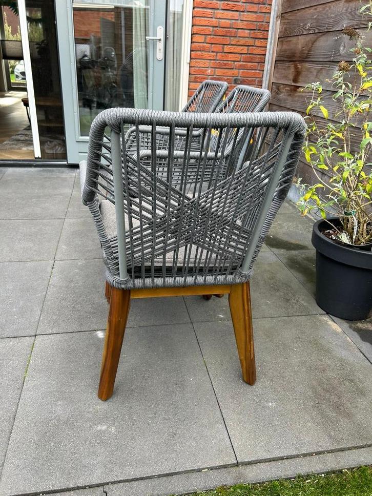 6 Dining tuinstoelen touw + hardhout 3x Zwart 3x Grijs, Tuin en Terras, Tuinstoelen, Gebruikt, Hout, Ophalen