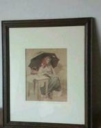 Prachtige aquarel oudere vrouw met paraplu professioneel, Antiek en Kunst, Ophalen