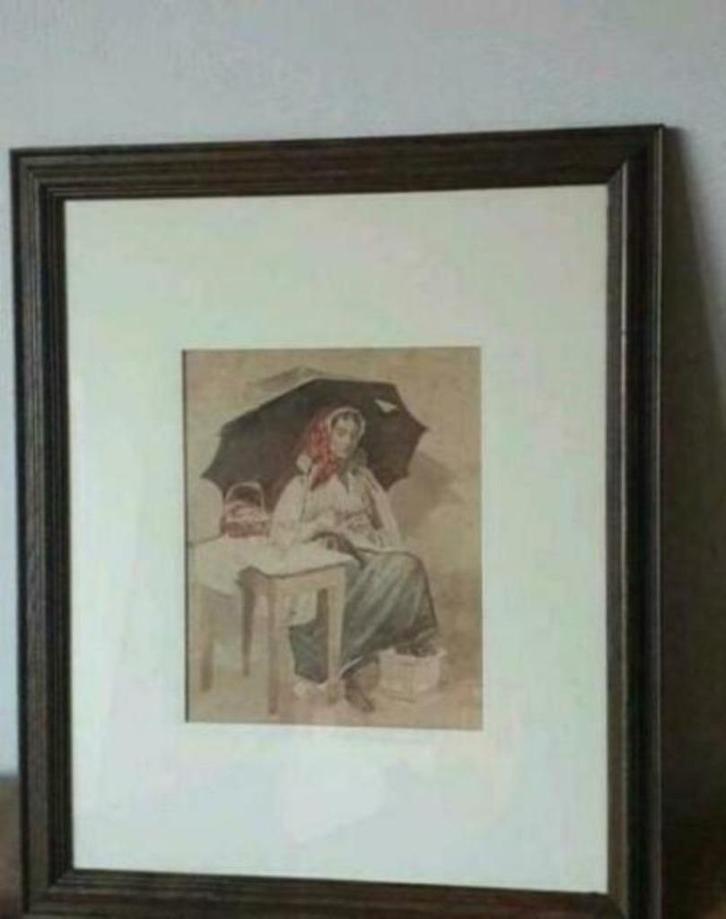 Prachtige aquarel oudere vrouw met paraplu professioneel, Antiek en Kunst, Kunst | Schilderijen | Klassiek, Ophalen