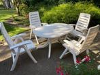 tuinset 6 stoelen,kussens,tafel,tafeltjes,aanhangtafeltjes, Ophalen, Kunststof, Gebruikt, 6 zitplaatsen