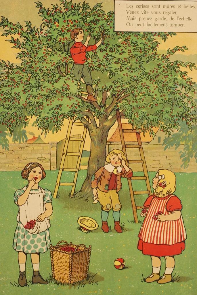 Kersenpluk - Antieke prent, Verzamelen, Foto's en Prenten, Zo goed als nieuw, Prent, Kind, Voor 1940, Verzenden