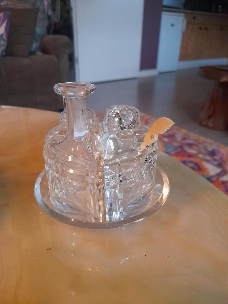 Kristallen Onderzetter met Peper, Zout, Azijn & Mosterd, Antiek en Kunst, Antiek | Glas en Kristal, Ophalen of Verzenden
