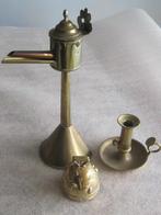 Antiek snotneus olielamp bel en kaars houder, Ophalen, Koper