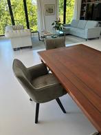 Eettafel en stoelen. Groen suede. Draaibaar en verr retour, Zo goed als nieuw, Vijf personen of meer, Rechthoekig, 50 tot 100 cm
