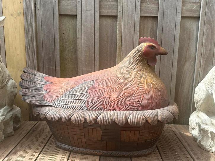 Bijzonder! Oude houten kip op mand etalage bakkerij pasen, Antiek en Kunst, Curiosa en Brocante, Ophalen