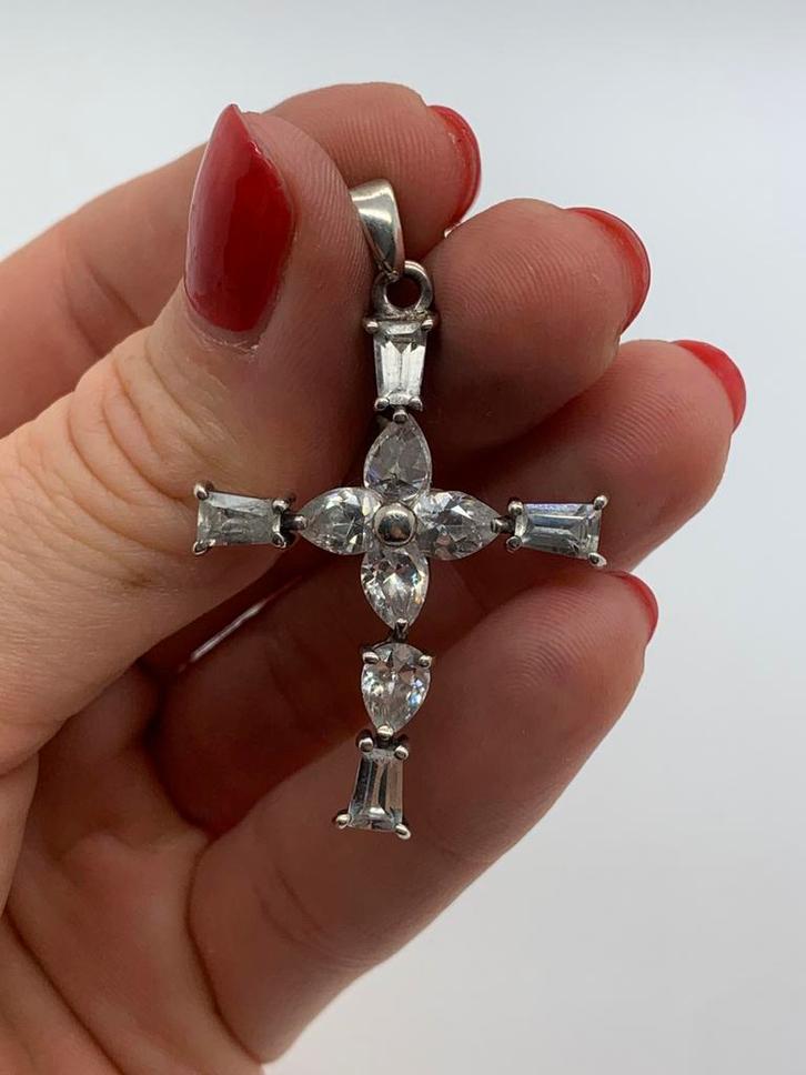 X959 Prachtige zilveren hanger kruis, Sieraden, Tassen en Uiterlijk, Kettinghangers, Zilver, Zilver, Kruis of Symbool, Met strass