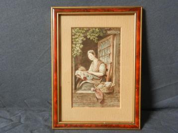 Verfijnde aquarel Kantwerkster in raam W. Pouwelsen 14x8 cm beschikbaar voor biedingen