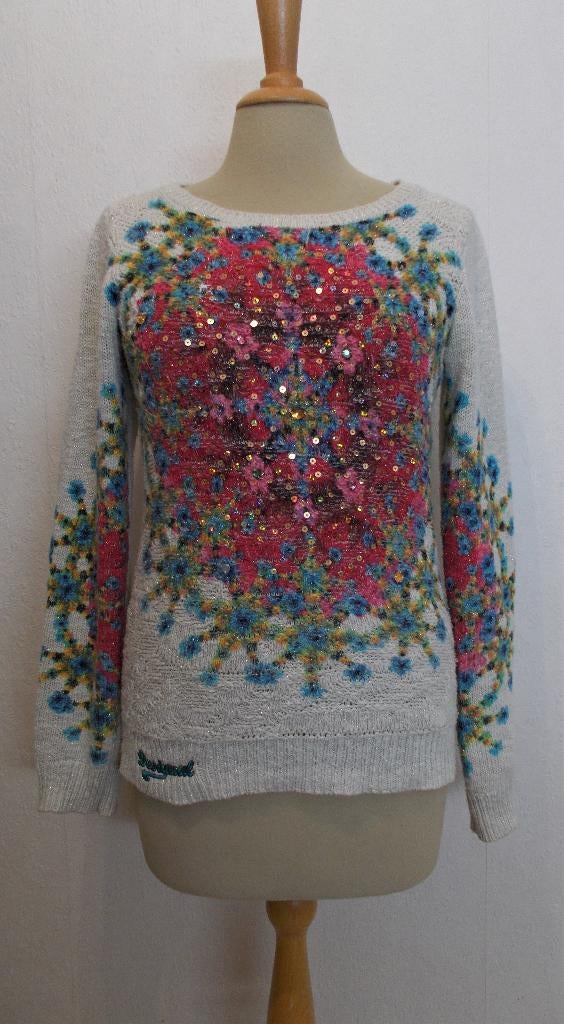 Aparte bewerkte print top/trui van Desigual! M, Maat 38/40 (M), Verzenden, Beige, Zo goed als nieuw