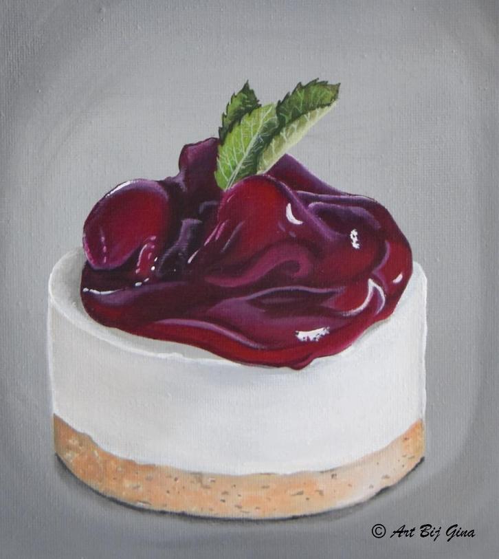 Yummie cheescake....Heerlijk gebakje geschilderd op doek, Antiek en Kunst, Kunst | Schilderijen | Modern, Ophalen of Verzenden
