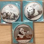 3x 10 Yuan Panda 1 oz 999 zilver 2013 2014 en 2015, Postzegels en Munten, Ophalen of Verzenden, Zilver