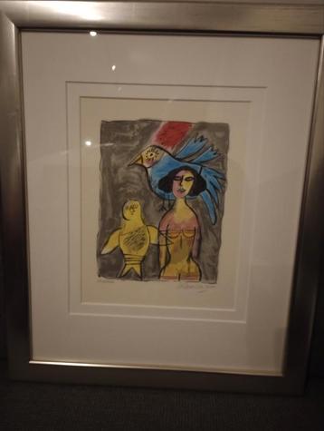 Corneille -uniek genummerd Kunstwerk - Vrouw met Vogel beschikbaar voor biedingen
