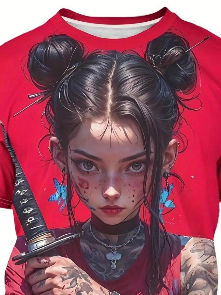 XXL Manga Samoerai Girl T-shirt 3D Print, Heren Casual, Kleding | Heren, T-shirts, Nieuw, Overige maten, Rood, Verzenden