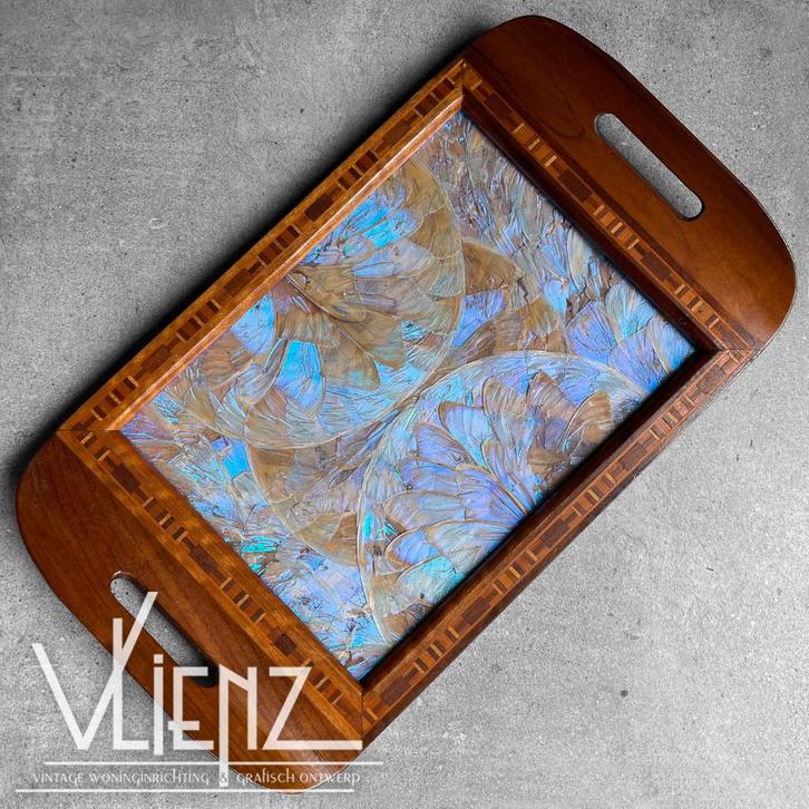 Vintage art deco houten Braziliaans dienblad vlindervleugels, Huis en Inrichting, Woonaccessoires | Dienbladen, Gebruikt, Hout