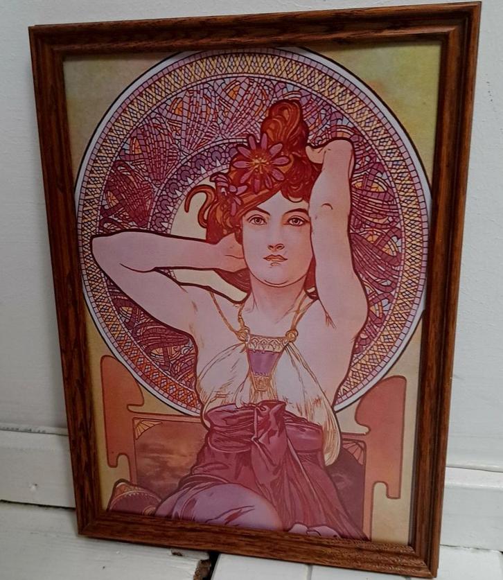 Oude lijst met Mucha afbeelding, Antiek en Kunst, Kunst | Schilderijen | Modern, Ophalen of Verzenden