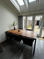 Eettafel met teak houten blad en stalen onderstel, Ophalen, 100 tot 150 cm, 200 cm of meer, Vijf personen of meer