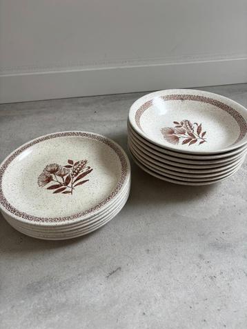 Vintage aardewerk borden met bruin bloemmotief – set van 16  beschikbaar voor biedingen