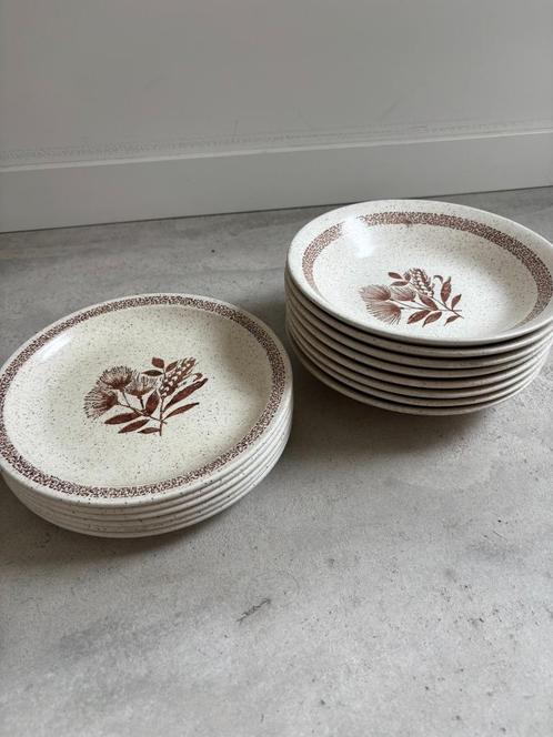 Vintage aardewerk borden met bruin bloemmotief – set van 16, Antiek en Kunst, Antiek | Keramiek en Aardewerk, Ophalen of Verzenden