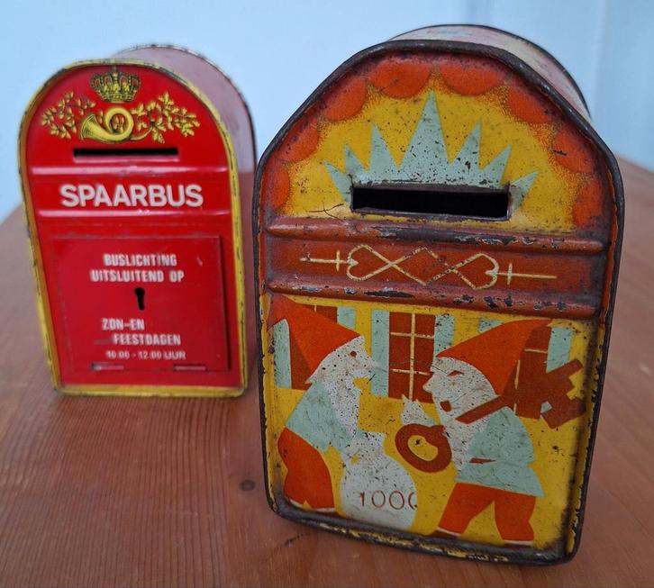 Twee vintage spaarpotjes, Verzamelen, Blikken, Gebruikt, Overige, Ophalen of Verzenden