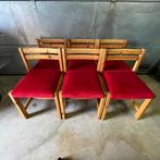 Set van 6 grenen stoelen jaren 70 vintage met rood cordury, Huis en Inrichting, Stoelen, Ophalen, Gebruikt, Seventies, Hout