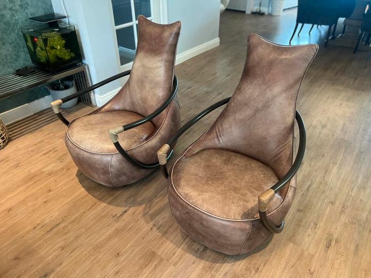 2 zeer mooie kwalitatieve design faulteuils industriële look, Huis en Inrichting, Fauteuils, Zo goed als nieuw, Leer, 50 tot 75 cm