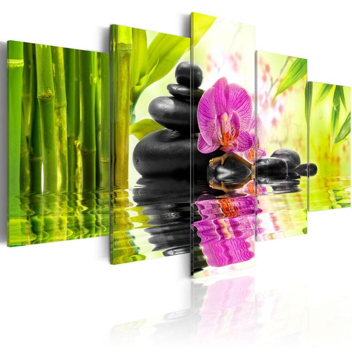 403 Bamboe Stenen Bloem 5 Luik Canvas Schilderij 200x100cm, Antiek en Kunst, Kunst | Schilderijen | Modern, Ophalen of Verzenden