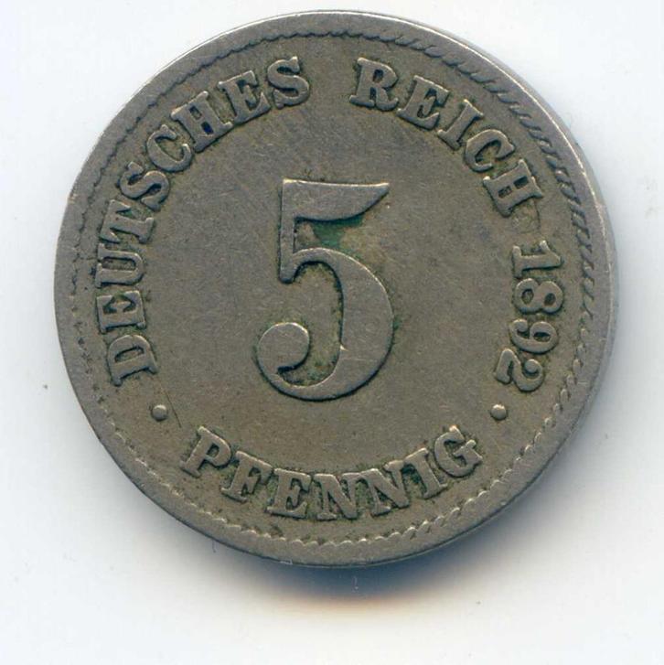 Duitsland 5 Pfennig 1892 F Oplage 492.000, Postzegels en Munten, Munten | Europa | Niet-Euromunten, Duitsland, Ophalen of Verzenden