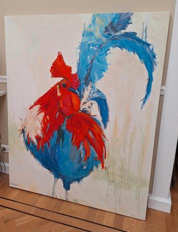 Groot schilderij van een blauwe/rode haan beschikbaar voor biedingen