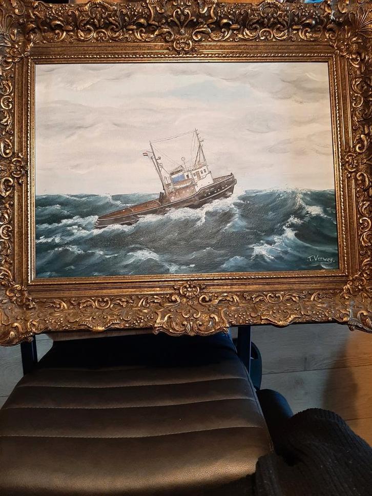 Schilderij: Boot op Zee in Lijst, Antiek en Kunst, Kunst | Schilderijen | Klassiek, Ophalen