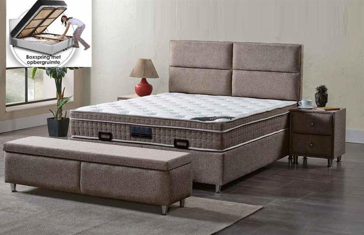 Boxspring Quattro opbergbed complete set-Zelf samenstellen, Huis en Inrichting, Slaapkamer | Bedden, Nieuw, Tweepersoons, Hout
