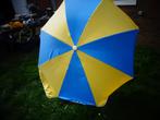 vintage parasol dralon blauw geel kan knikken 180 cm, 1 tot 2 meter, Ophalen of Verzenden, Stokparasol