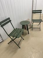 Twee groene bistrostoeltjes en een tafeltje, Tuin en Terras, Ophalen, Gebruikt, Metaal, Inklapbaar